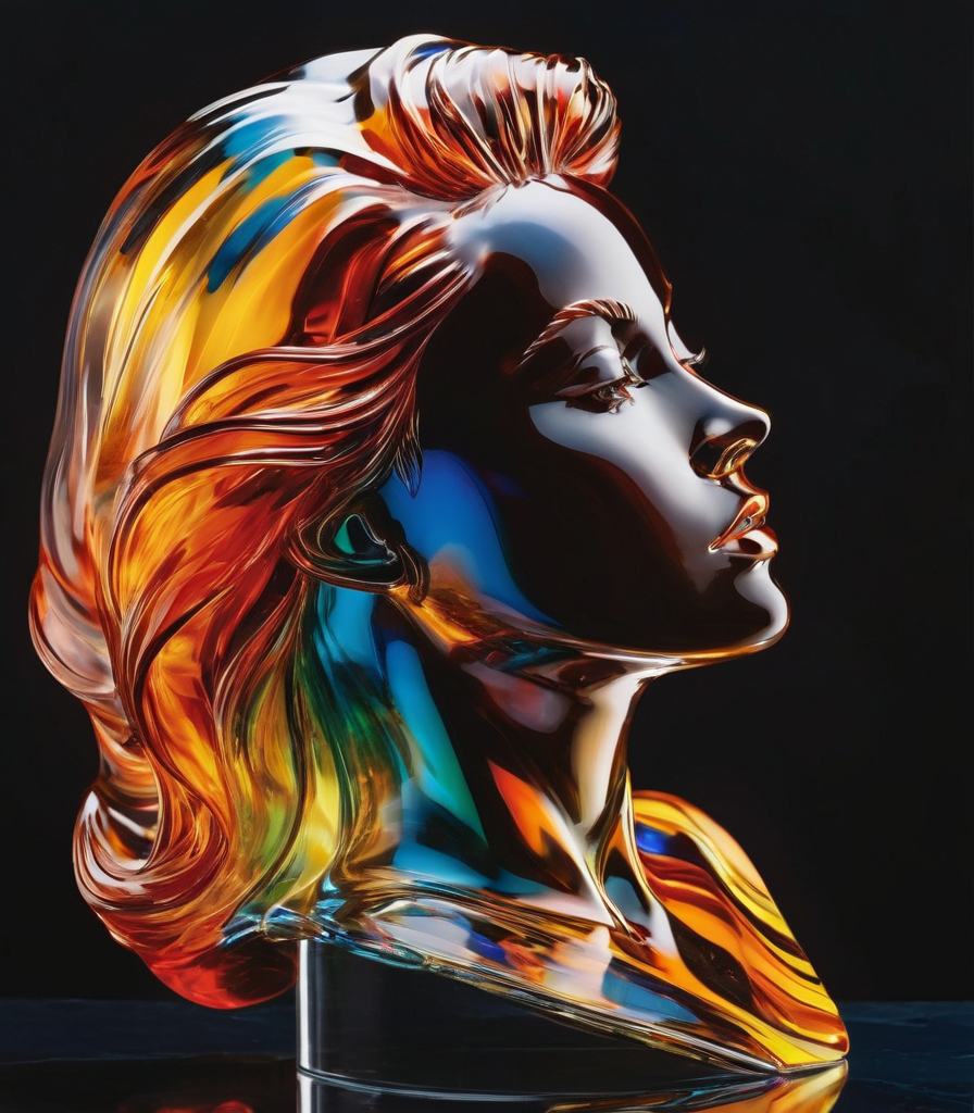 A portrait of glasssculpture, woman in an action pose, with dynamic movement and bold colors. By Alex Ross, Jim Lee, or Jo...